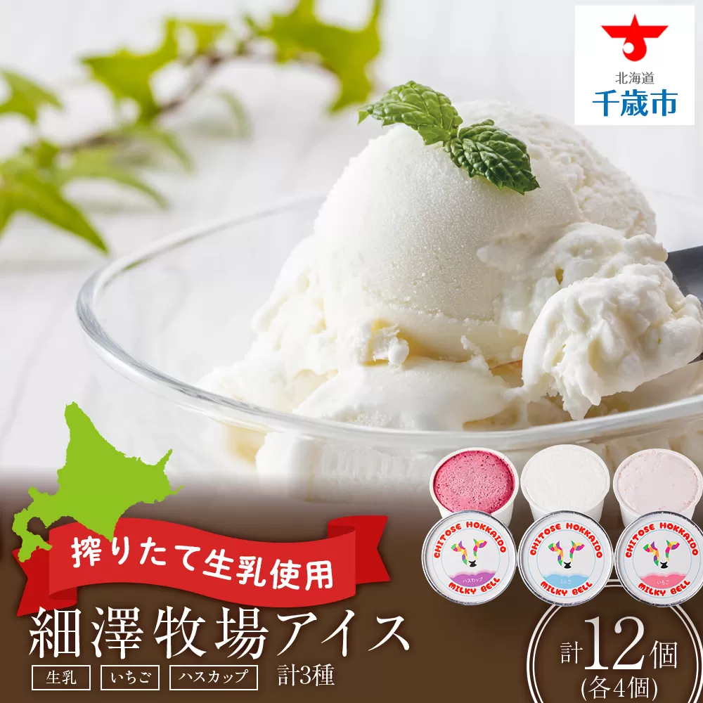 細澤牧場アイス　12個（生乳×4個 いちご×4個 ハスカップ×4個）