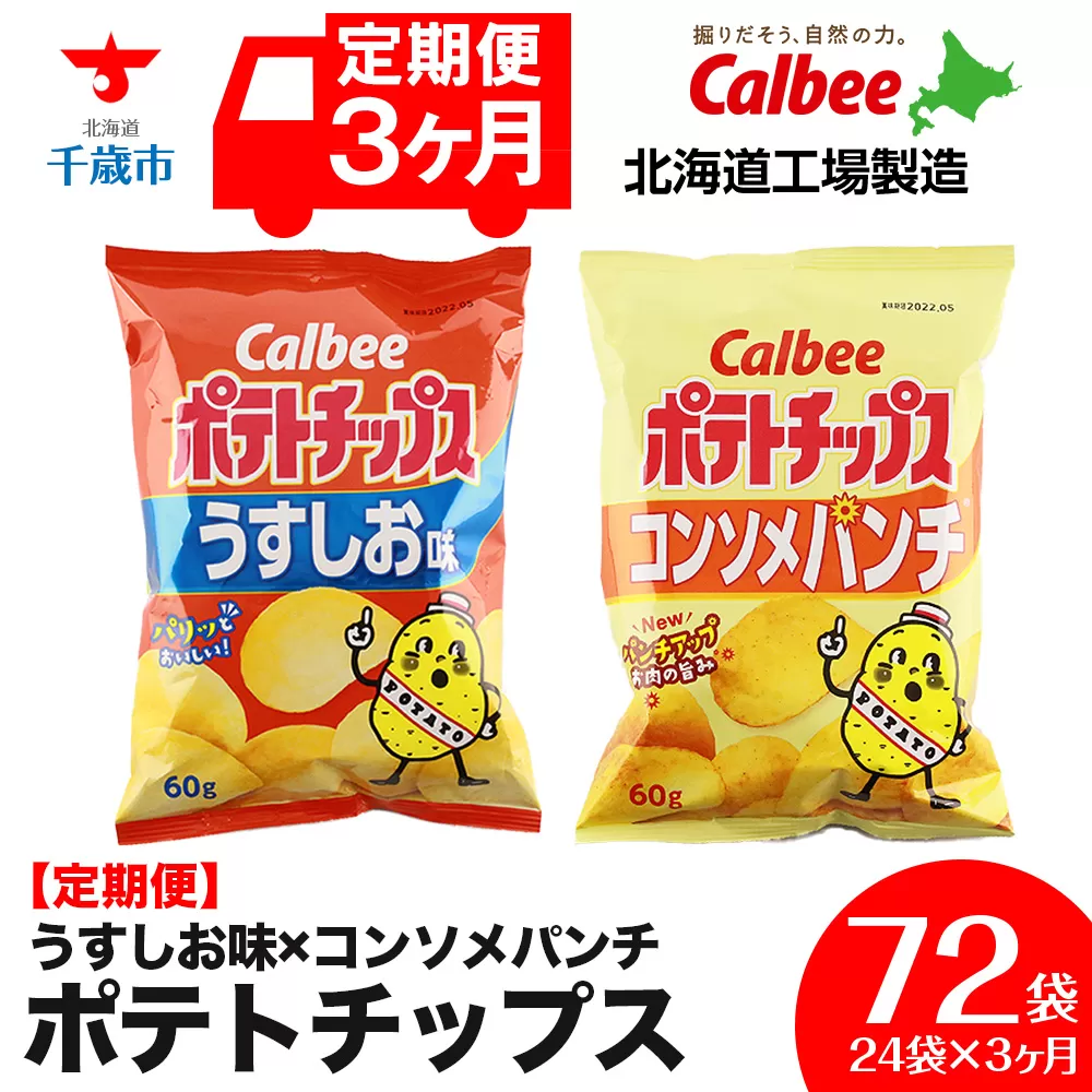 【 定期便 3カ月 】 カルビー ポテトチップス ＜ うすしお × コンソメパンチ ＞12袋入 各1箱《北海道工場製造》 ポテチ ポテト お菓子 スナック calbee コンソメ 食べ比べ 千歳 北海道