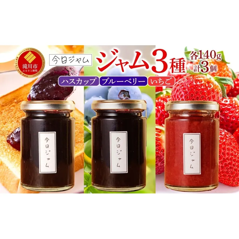 【ふるさと納税】ジャム3種セット 各1個 ハスカップジャム ブルーベリージャム いちごジャム  今日ジャム 北海道産 自家製 パン ヨーグルト 朝食 濃厚 甘い デザート スイーツ おやつ グルメ ご褒美 贅沢 ギフト 送料無料 北海道 滝川市
