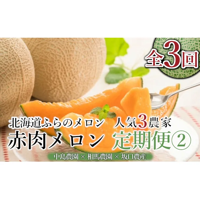【年3回定期便】【2025年7～9月連続お届け】数量限定！ 美味 ふらのメロン 厳選3農家 コラボ  定期便(2)  食べ比べ 赤肉 2玉×3回 合計6玉 (北海道 富良野市 果物 フルーツ 甘い デザート 産地直送 新鮮 先着順 中島農園 相馬農園 坂口農産)