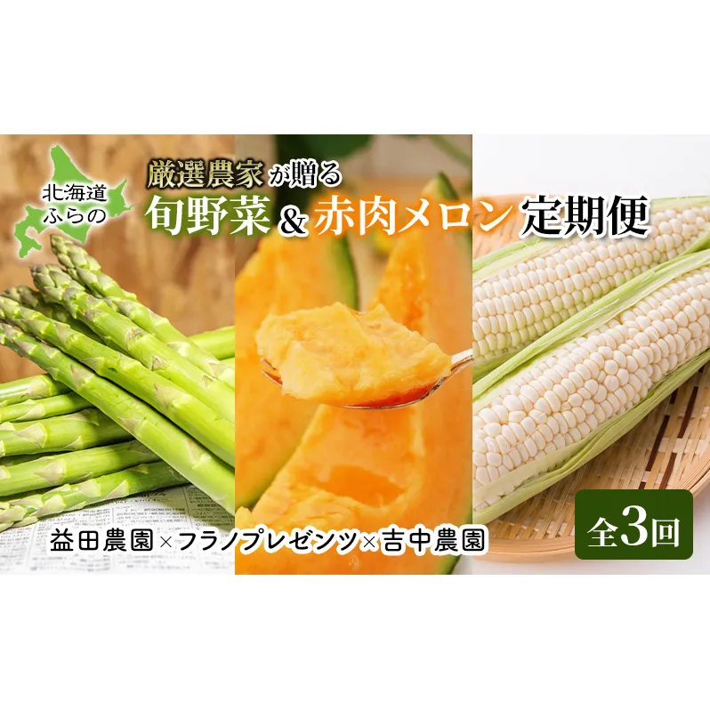 【年3回定期便】【2025年5～8月お届け】北海道 富良野 直送！ 旬の新鮮 夏野菜 厳選 3農家 スペシャルコラボ 定期便 (アスパラガス 赤肉メロン とうもろこし 北海道 富良野市 野菜 果物 フルーツ 甘い 新鮮 益田農園 フラノプレゼンツ 吉中農園)