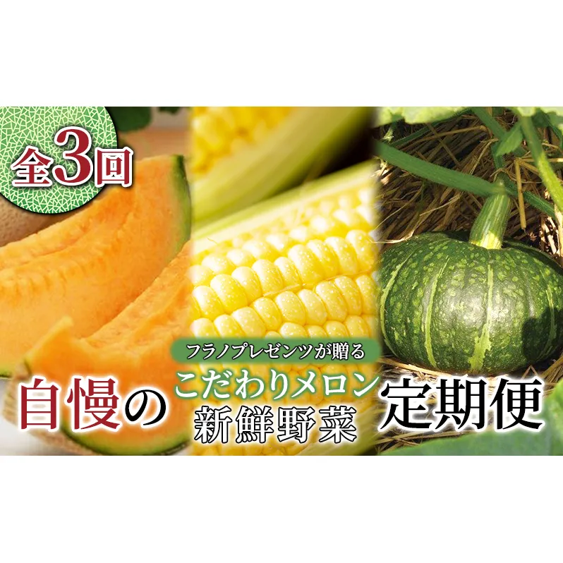 【年3回定期便】【2025年7～10月お届け】高品質 フラノプレゼンツ が贈る 赤肉 メロン＆野菜 定期便 (メロン とうもろこし かぼちゃ  北海道 富良野市 野菜 果物 フルーツ 甘い 新鮮 ふらのメロン いも コーン 夏野菜)