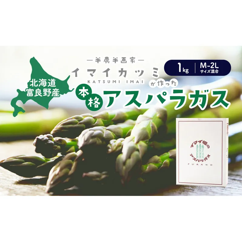 【2025年5月～発送】半農半画家 イマイ畑 自慢の≪アスパラガス 1kg M-2Lサイズ混合≫ 露地栽培 北海道 富良野市 (イマイカツミ) 野菜 アスパラ 健康 太い 安心 道産 産地直送