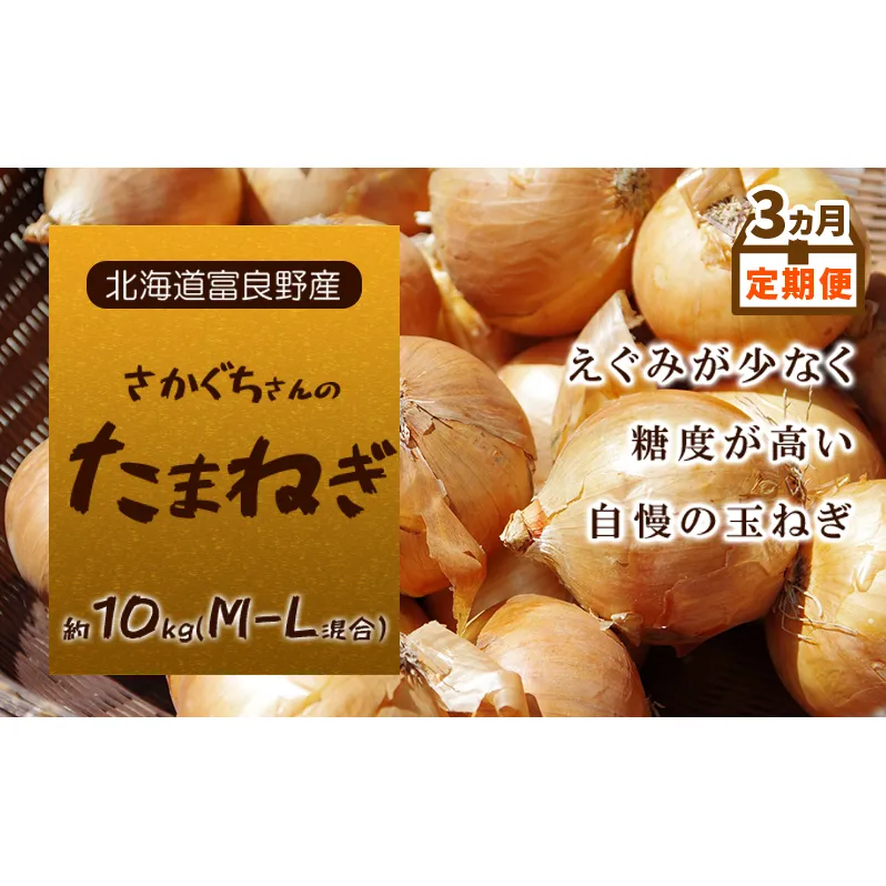 3ヵ月定期便【北海道富良野産】さかぐちさんのたまねぎ 約10kg（M-Lサイズ混合）定期便 玉ねぎ たまねぎ 野菜 新鮮 直送 道産 北海道 ふらの