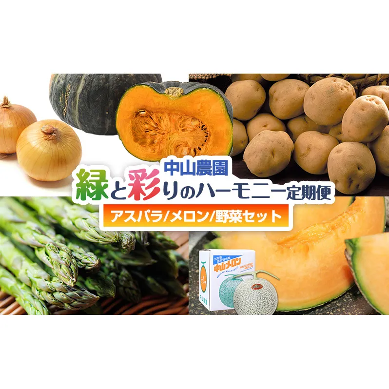 【2026年春発送】中山農園から贈る 緑と彩りのハーモニー定期便(アスパラ/メロン/野菜セット) アスパラガス アスパラ メロン フルーツ いも じゃがいも 玉ねぎ たまねぎ かぼちゃ 南瓜 新鮮 野菜 産地直送 果物 甘い 贈り物 ギフト 道産 数量限定 北海道 富良野市