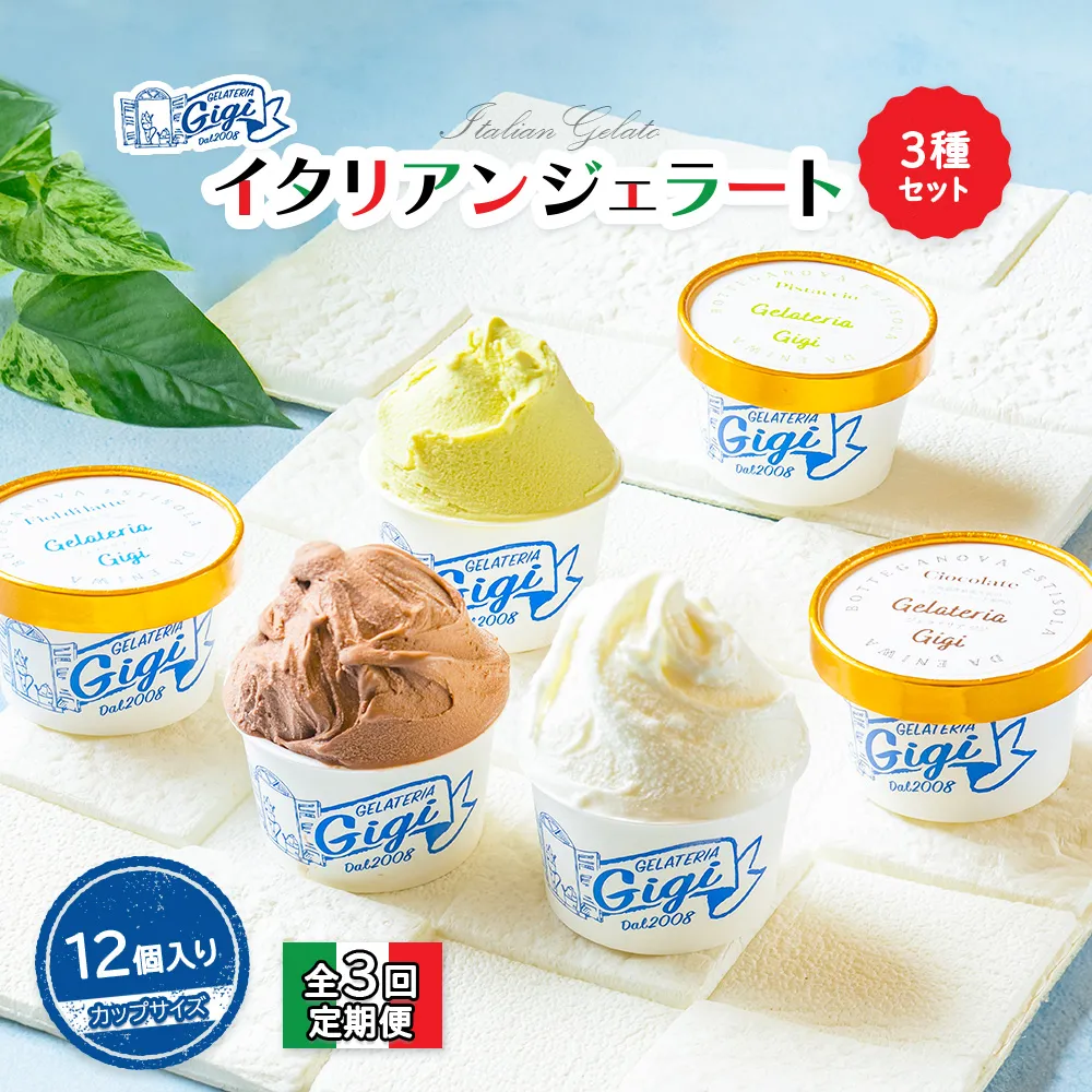 【定期便：全3回】ジェラテリアGigiのイタリアンジェラート3種セット【カップサイズ12個】 牛乳4、ピスタチオ4、チョコレート4【43007402】