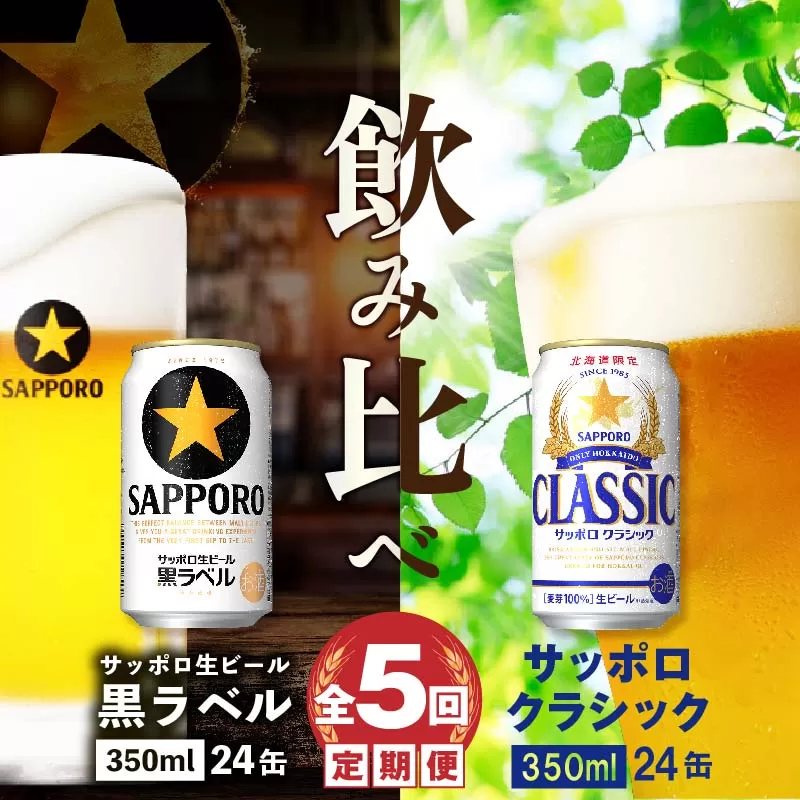 【ビール飲み比べ定期便：全5回】サッポロクラシックと黒ラベル各350ml×24本《北海道恵庭市》【30001020180511】