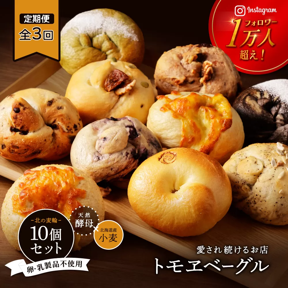 【定期便：全3回】トモヱベーグル ギフトセット「北の麦輪（むぎわ）10個セット」【330007】
