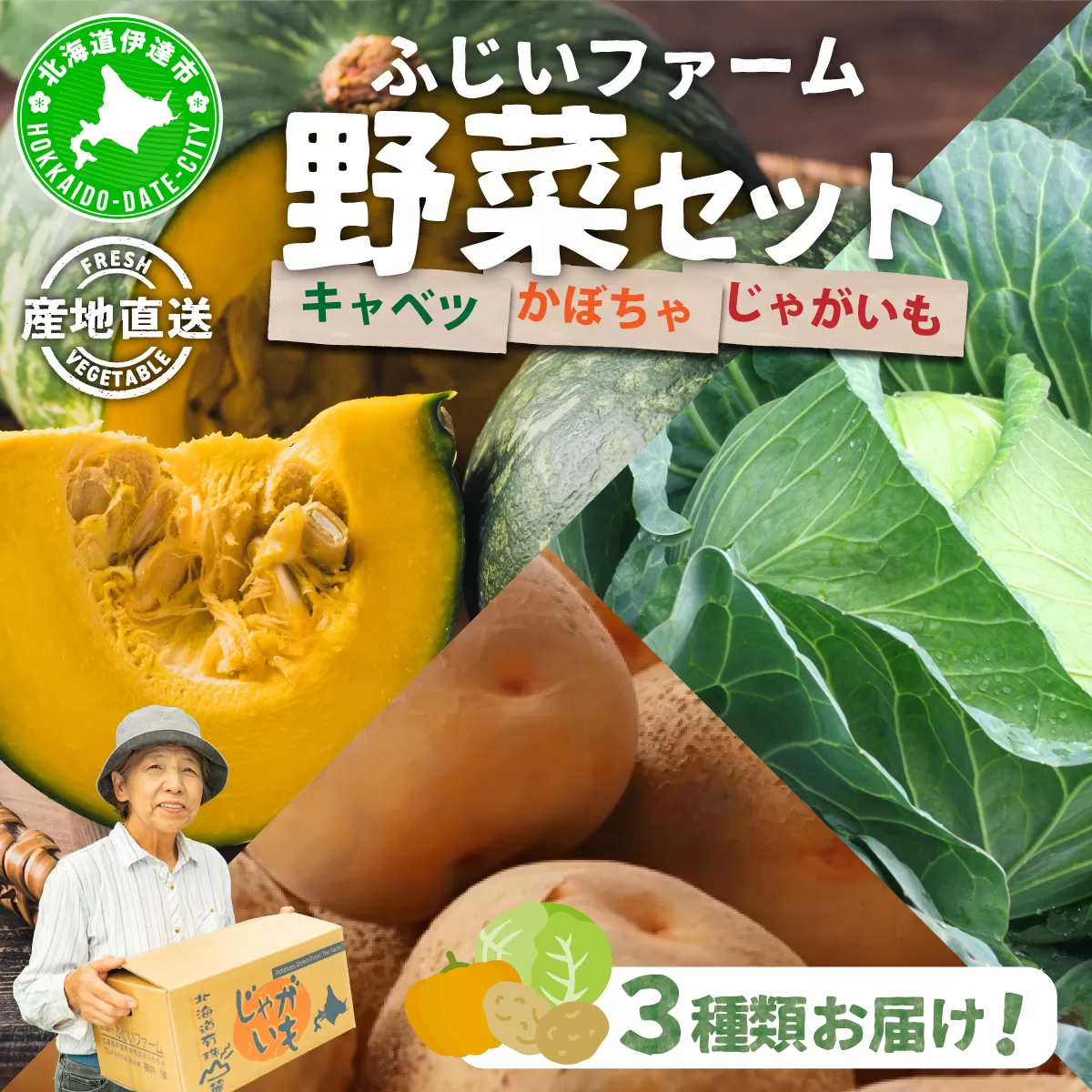 キャベツ2玉 かぼちゃ(訳あり)2玉 じゃがいも800g セット