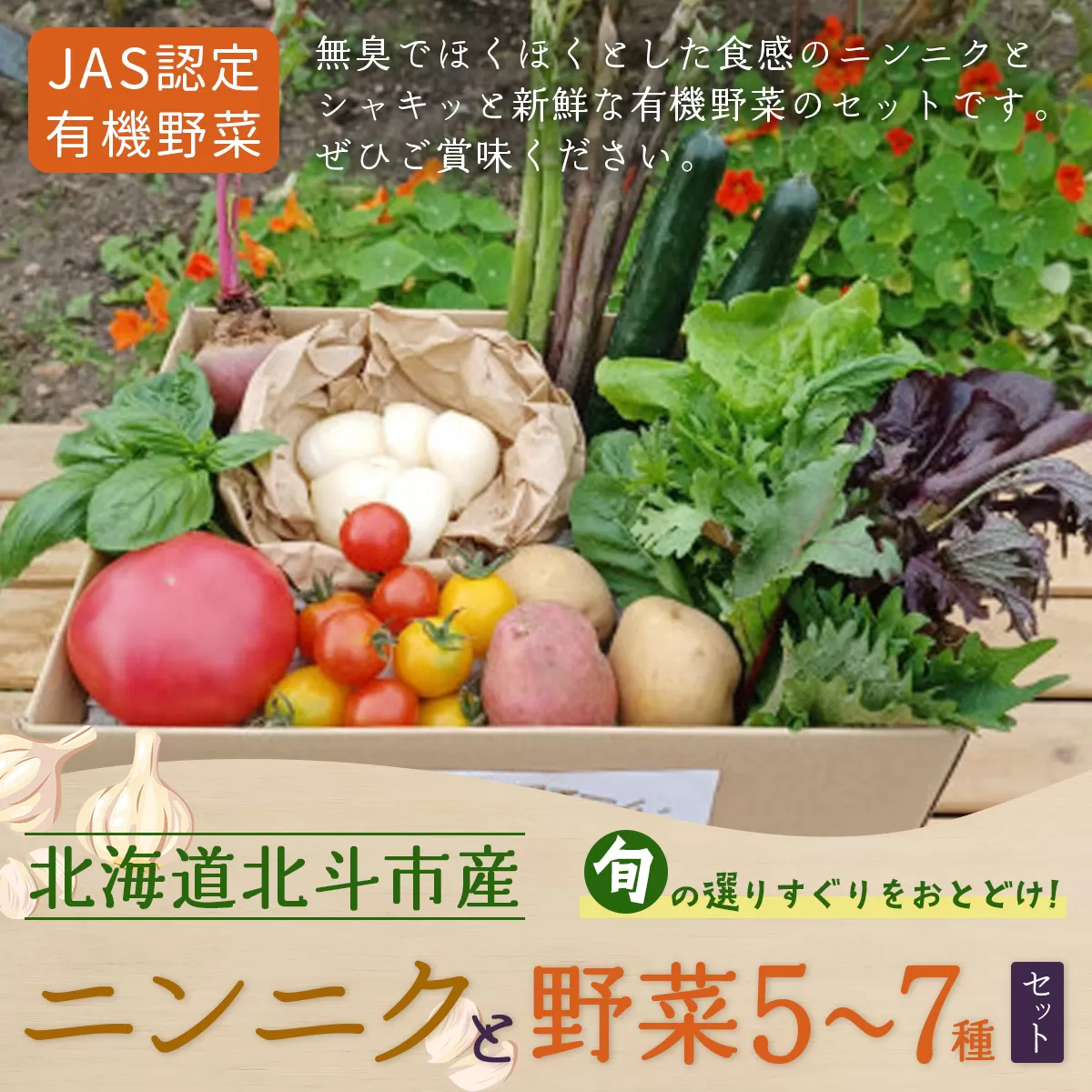 【JAS認定有機野菜】北斗市産 ニンニクと野菜5〜7種類野菜セット 紙箱入(季節で種類が変更) HOKB022