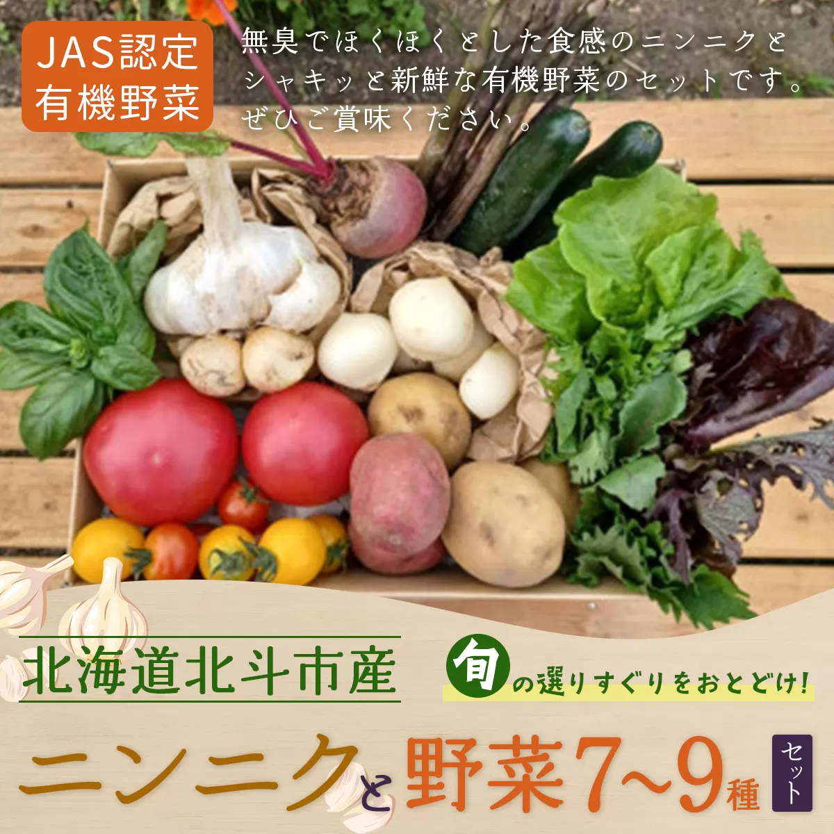 【JAS認定有機野菜】北斗市産 ニンニクと野菜7〜9種類野菜セット 紙箱入(季節で種類が変更) HOKB023