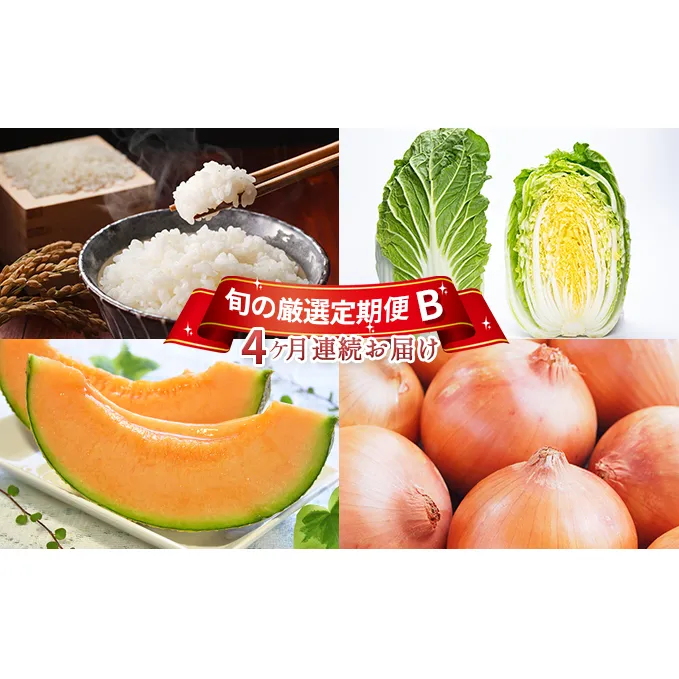 新篠津産　旬の厳選定期便B　【4ヶ月連続お届け】 果物類 フルーツ メロン赤肉 野菜 玉ねぎ たまねぎ お米 4回 