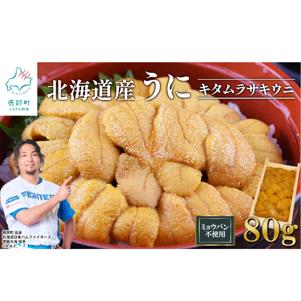 北海道産 うに キタムラサキウニ 80g ミョウバン不使用 ふり塩うに 冷凍保存 折り 木箱