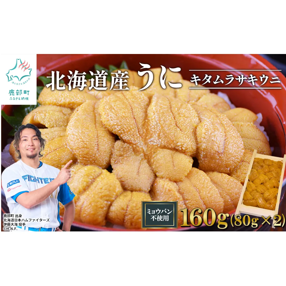 北海道産 うに キタムラサキウニ 160g (80g×2折) ミョウバン不使用 ふり塩うに 冷凍保存 折り 木箱