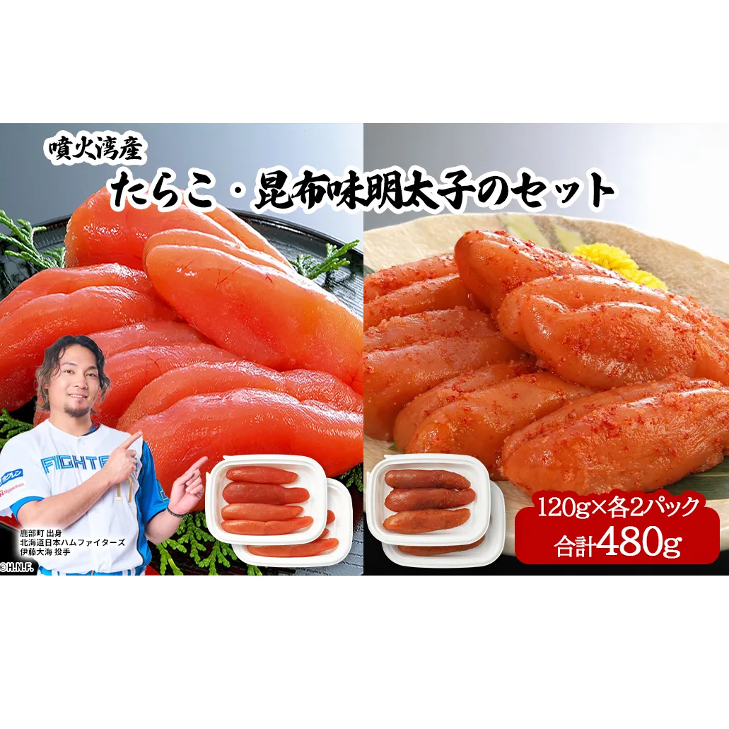 丸鮮道場水産 噴火湾産たらこと北海道の昆布味明太子 便利に小分けでお届け 詰合せ 噴火湾産たらこ120g×2 昆布味明太子120g×2 (計480g)