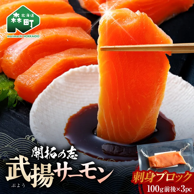 開拓の志 武揚サーモン「森町」冷凍刺身用ブロック 100g前後×3P＜株式会社 ワイエス海商＞ サケ さけ 鮭 海鮮丼 海産物 森町 ふるさと納税 北海道 mr1-1344