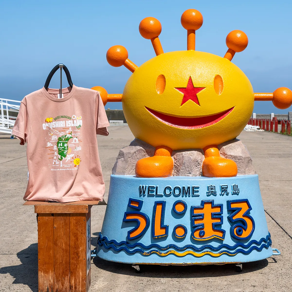 うにまるTシャツ (奥尻MAPデザイン) ピンク XLサイズ  奥尻島 ゆるキャラ ご当地 マスコット キャラクター うにまる メンズ レディース ユニセックス ご当地T キャラT Tシャツ 観光マップ マップ プリント スーベニア 半袖 | 北海道 奥尻町 送料無料