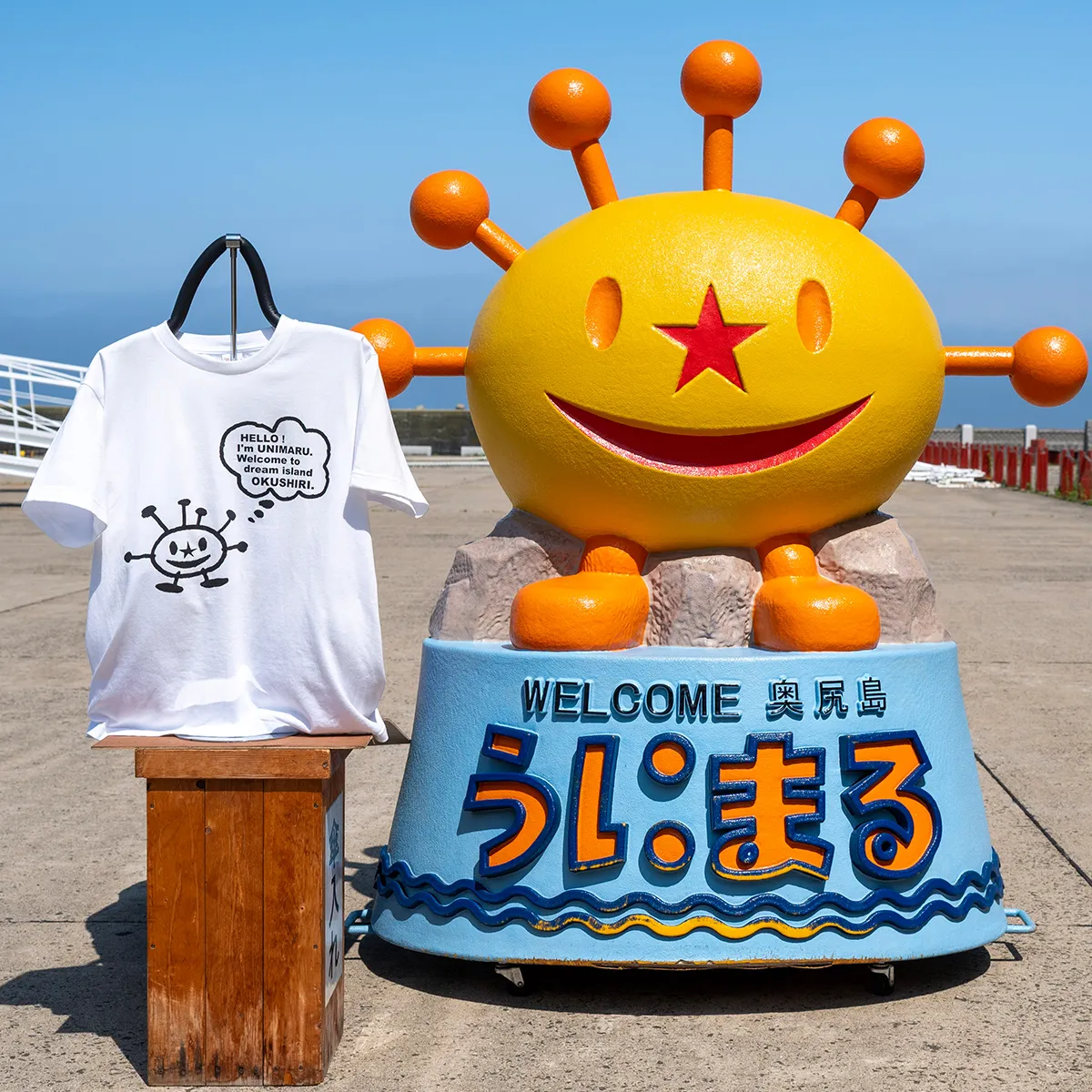 うにまるTシャツ (モノクロデザイン) ホワイト Mサイズ 奥尻島 ゆるキャラ ご当地 マスコット キャラクター うにまる 白 黒 メンズ レディース ユニセックス ご当地T キャラT Tシャツ 半袖 シンプル ベーシック | 北海道 奥尻町 送料無料