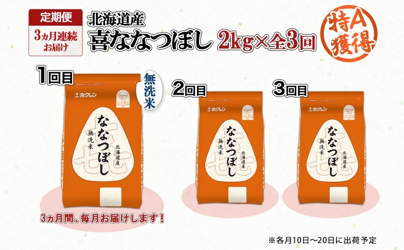 定期便 3ヵ月連続3回 北海道産 喜ななつぼし 無洗米 2kg 米 特A