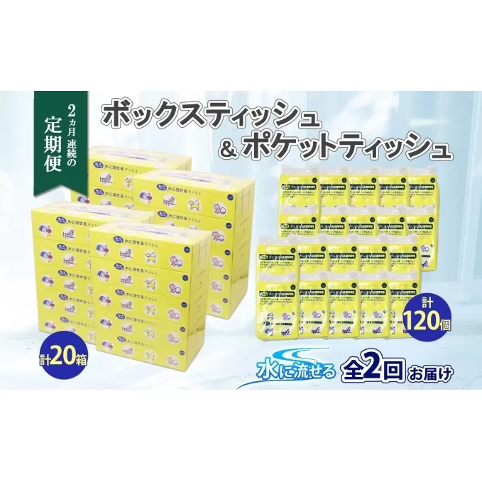 定期便 2カ月連続2回 北海道産 とけまるくん ボックスティッシュ 20箱 ポケットティッシュ 120個 セット 水に流せる ペーパー まとめ買い 香りなし 厚手 雑貨 生活必需品 備蓄 リサイクル 箱 ボックス 送料無料 日用品 福祉用品 