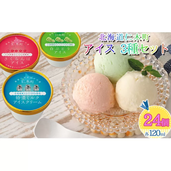北海道 仁木町 アイス 3種 セット 24個入り 詰合せ さくらんぼ チェリー ぶどう グレープ ミルク 濃厚