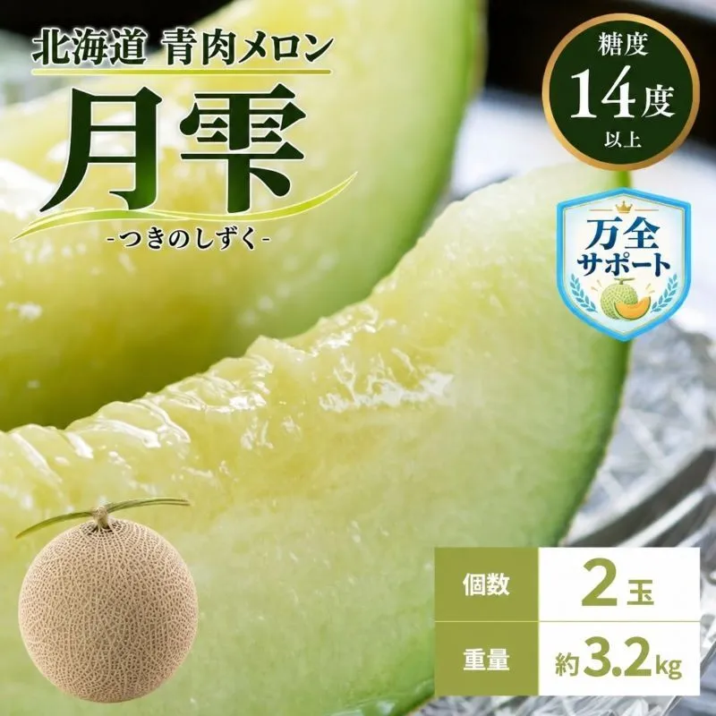 〈先行受付〉【2027年夏発送】北海道 青肉メロン 月雫 秀品 2玉 約1.6kg 計約3.2kg以上 令和9年 メロン 果物 フルーツ 旬 季節 希少 甘い 豊潤 国産 北海道産 デザート ご褒美 産地直送 ギフト お祝い 贈答品 贈り物 お取寄