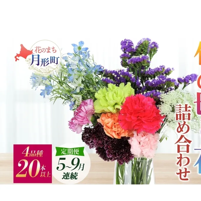 ＜2025年5月～9月まで5ヵ月連続お届け＞北海道 花 詰め合わせ 4品種 20本以上 切り花 切花 花束 ブーケ 季節 旬 生花 フラワー アレンジメント 記念日 産地直送 