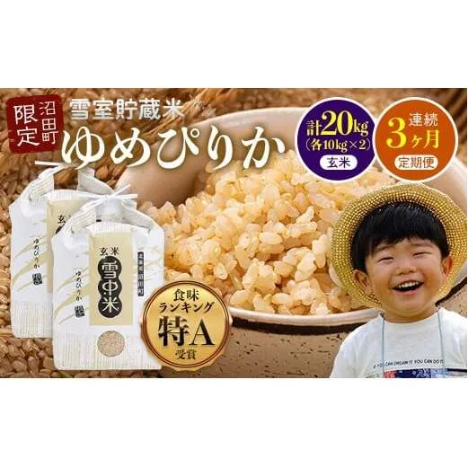 【数量限定】【令和8年6月発送開始定期便】令和7年度産 春摺り 雪中米 ゆめぴりか 玄米 20kg （10kg×2袋） × 3回 計60kg 3か月連続定期便 定期便 定期 米 nr-1402