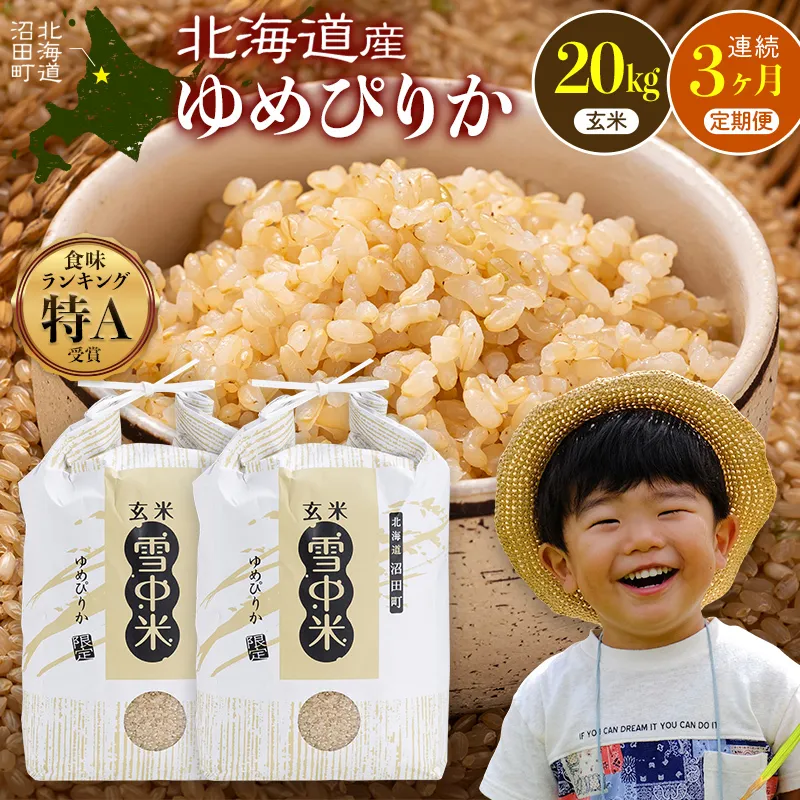 令和8年産【定期便3ヶ月】ゆめぴりか 玄米 20kg（10kg×2袋） 【5月発送】開始 雪冷気 籾貯蔵 雪中米 北海道 nr-3574