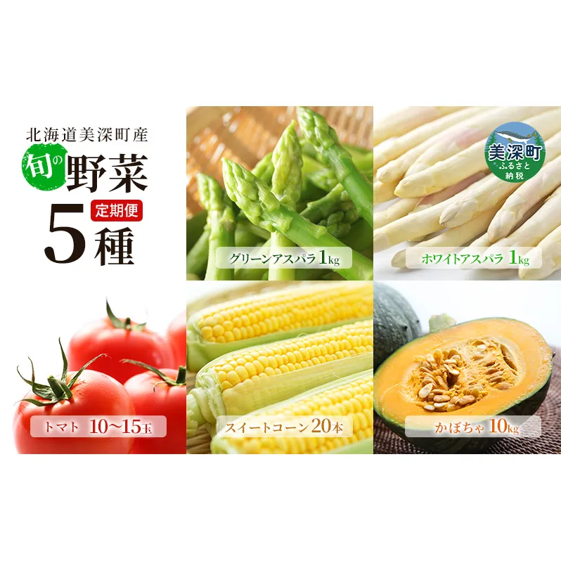 【2025年発送】美深の旬の野菜 年5回 定期便 ホワイトアスパラ グリーンアスパラ とうもろこし トマト かぼちゃ 北海道 美深町 野菜 アスパラ アスパラガス コーン スイートコーン フルーツトマト 旬 直送 セット 