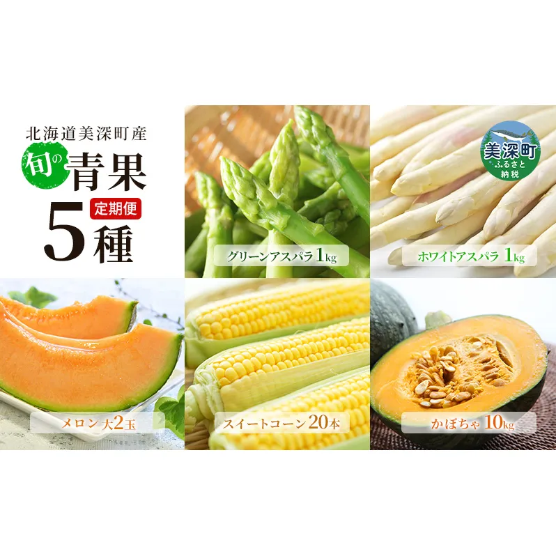【2025年発送】美深の旬の青果 5種 定期便 ホワイトアスパラ グリーンアスパラ メロン とうもろこし かぼちゃ 北海道 美深町 野菜 フルーツ 果物 アスパラ アスパラガス コーン スイートコーン 南瓜 かぼちゃ 旬 セット 