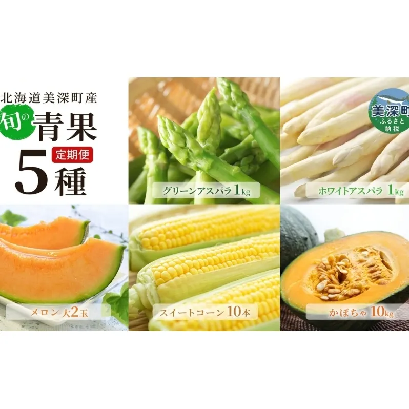 【2026年発送】美深の旬の青果 5種定期便（ホワイトアスパラ グリーンアスパラ メロン とうもろこし かぼちゃ） 北海道  野菜 フルーツ 果物 アスパラ メロン コーン 南瓜 かぼちゃ 定期便 旬