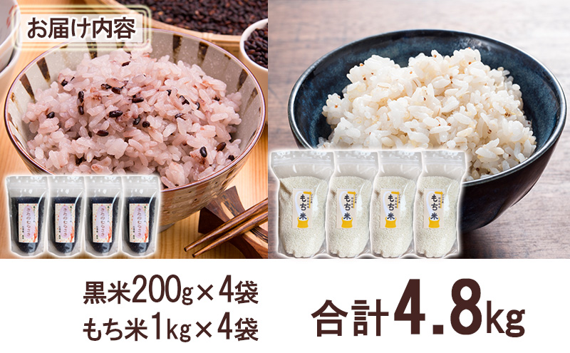 美深町産 黒米 もち米 セット 計4.8kg (黒米200g×4袋、もち米1kg×4袋