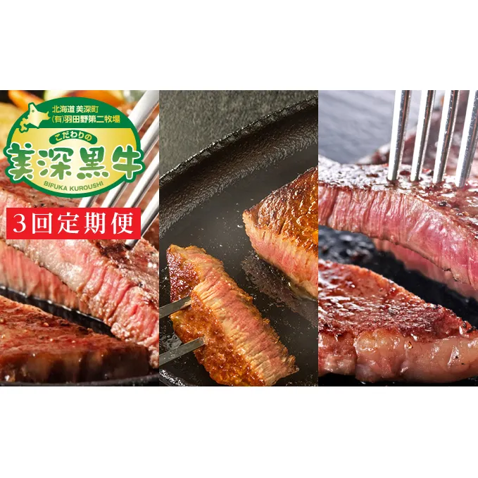 北海道産 黒牛ステーキ3種定期便（リブロース180g×4・ヒレ150g×4・サーロイン180g×4）【こだわりの美深黒牛】 お肉 牛肉 