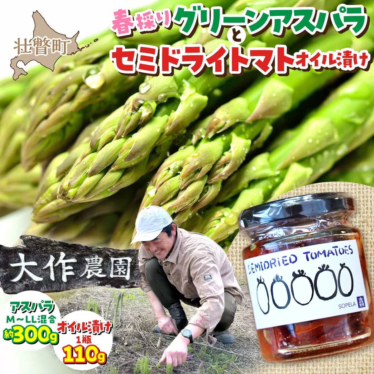 <2027年4月中旬頃よりお届け>北海道壮瞥産 大作農園の「春採りグリーンアスパラM～LL混合」約300gとセミドライトマトオイル漬け1瓶（110g）のセット SBTR009