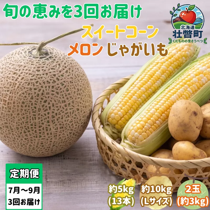【先行予約】【3回定期便】赤肉メロン2玉＋スイートコーン約5kg(13本)＋じゃがいも(とうや)約10kg 旬のフルーツ・野菜定期便＜7月下旬・8月上旬・9月下旬お届け＞  SBTN014