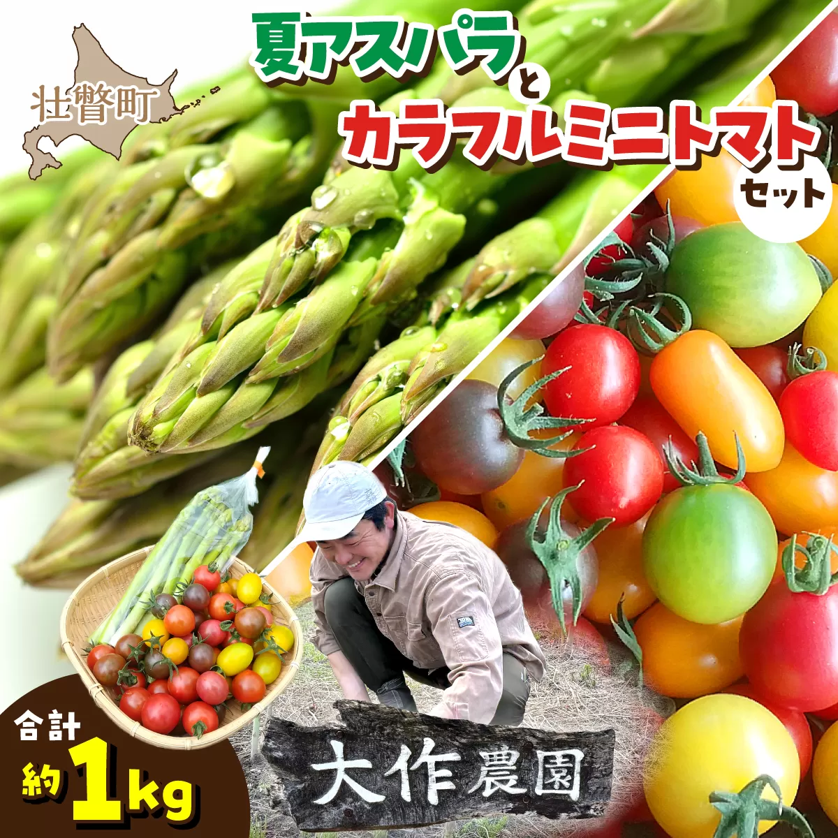 ＜2026年7月上旬よりお届け＞北海道壮瞥町産　大作農園「夏アスパラとカラフルミニトマト」のセット約1kg 先行予約 SBTR004