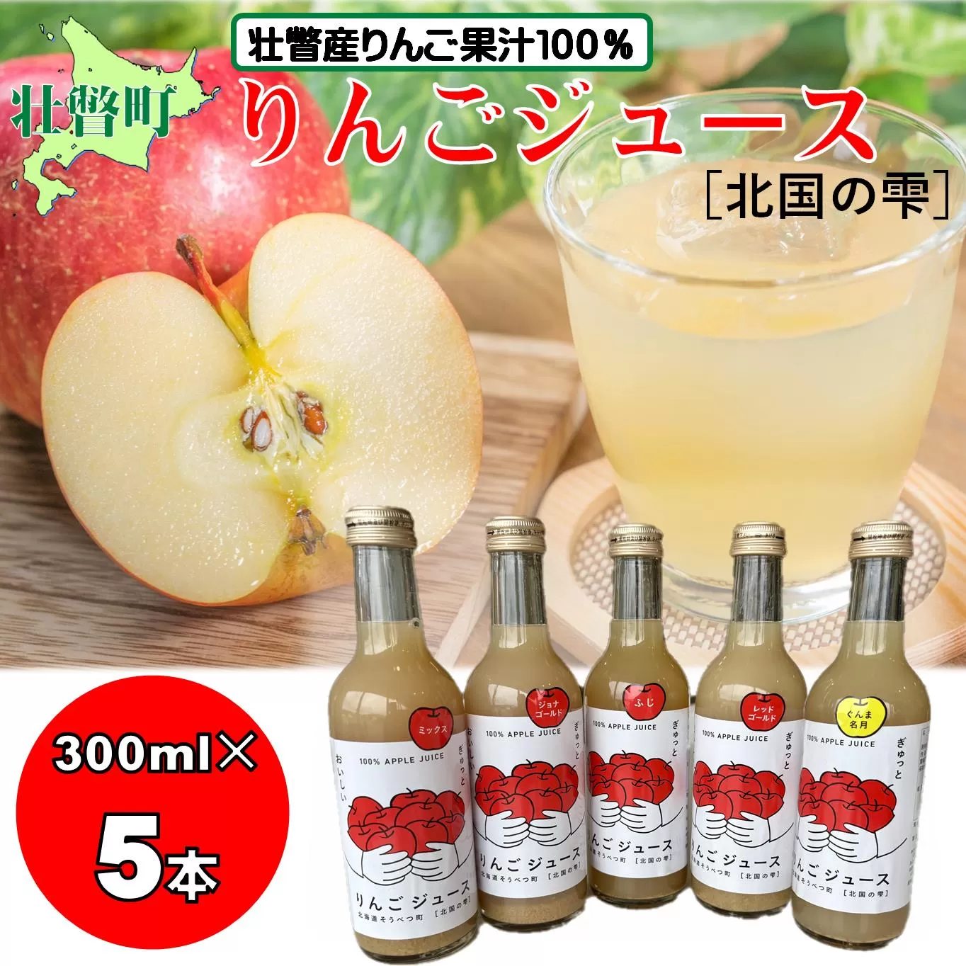 りんごジュース「北国の雫」(壮瞥町産りんご100%) 300ml×5本 SBTA082