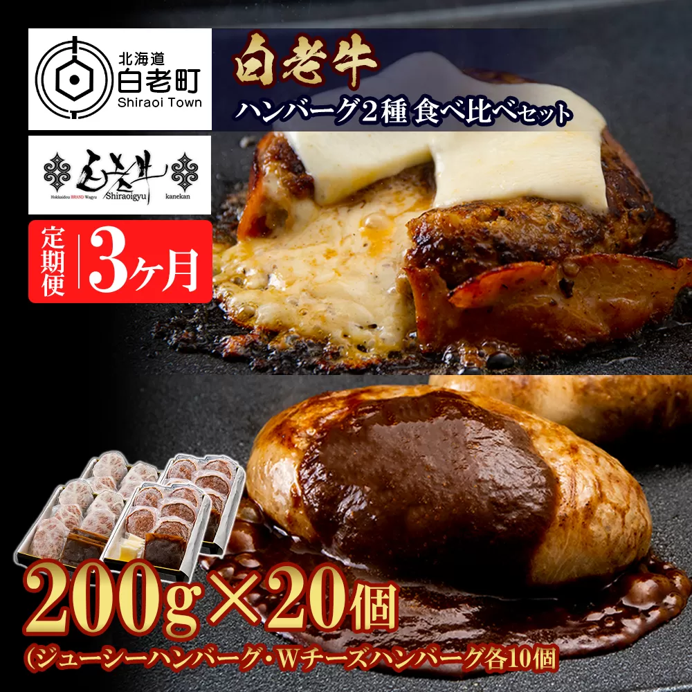 定期便3カ月 お楽しみ 白老牛 2種 食べ比べ ハンバーグ セット 合計20個 モッツァレラ ベーコン 網脂 特製ソース 手造り