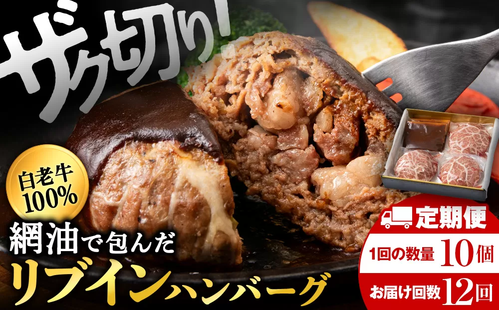 【12ヶ月定期便】白老牛　中おちプレミアムハンバーグ200g×10個【かねかん】