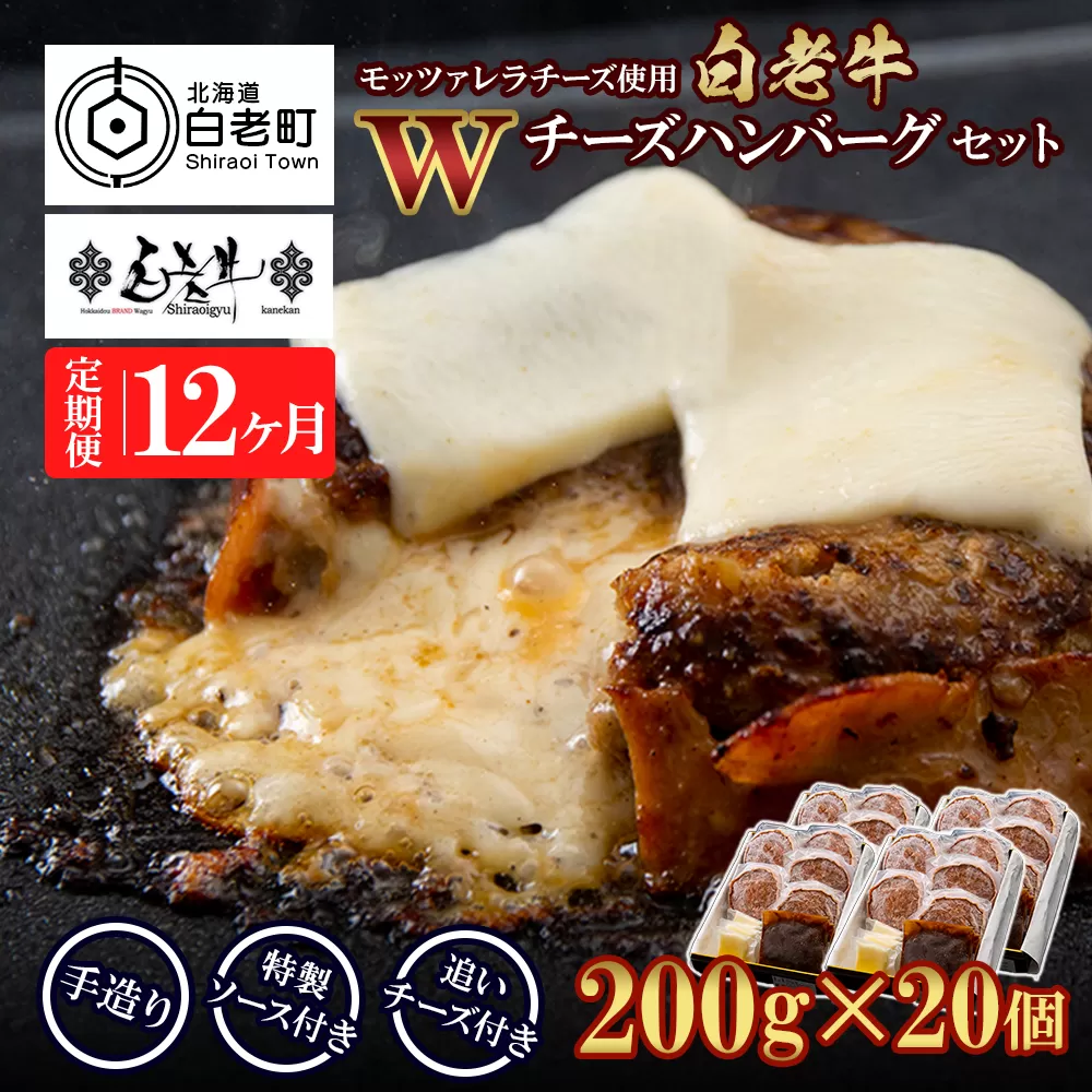 定期便12カ月 お楽しみ 白老牛 Ｗチーズ ハンバーグ セット 20個 モッツァレラ 特製ソース ベーコン 手造り