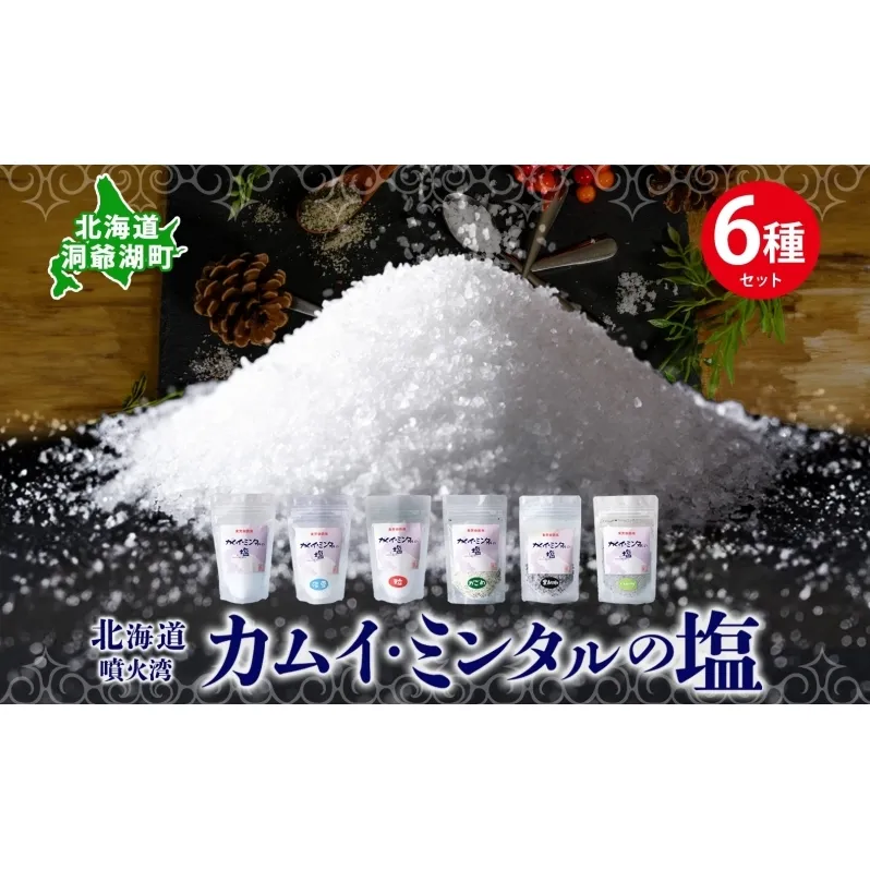 北海道 噴火湾 窯焚自然塩 カムイ・ミンタルの塩 6種セット プレーン 淡雪 粒 がごめ昆布 黒胡椒 ハーブ スタンド袋 自然塩 塩 ソルト おにぎり 東洋炉材 送料無料 食卓 味付け 