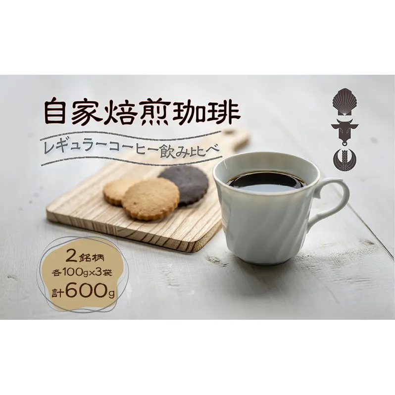 自家焙煎珈琲豆 2種レギュラーコーヒー飲み比べ（各100g×3袋）計600g 飲み物 飲料 良品な生豆 店内焙煎 新鮮 豊かな香り 2種類 個性 テイスト お楽しみ