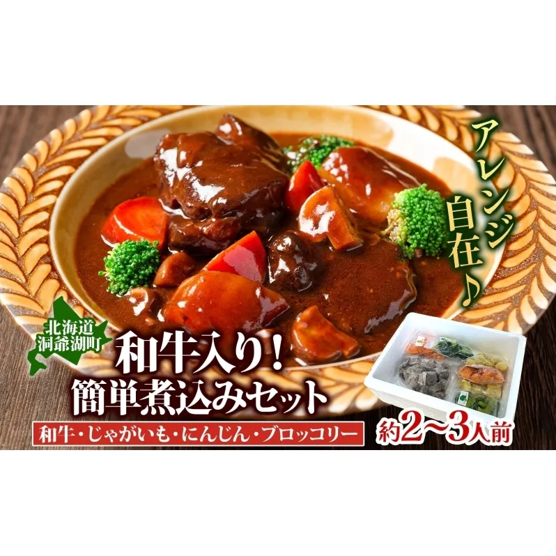 和牛入り 簡単煮込み セット 約2～3人前 和牛 水煮 冷凍野菜 野菜 じゃがいも にんじん ブロッコリー ポトフ カレー シチュー 煮込み 料理 時短 簡単 冷凍 送料無料 とうやマルシェ 北海道 洞爺湖町