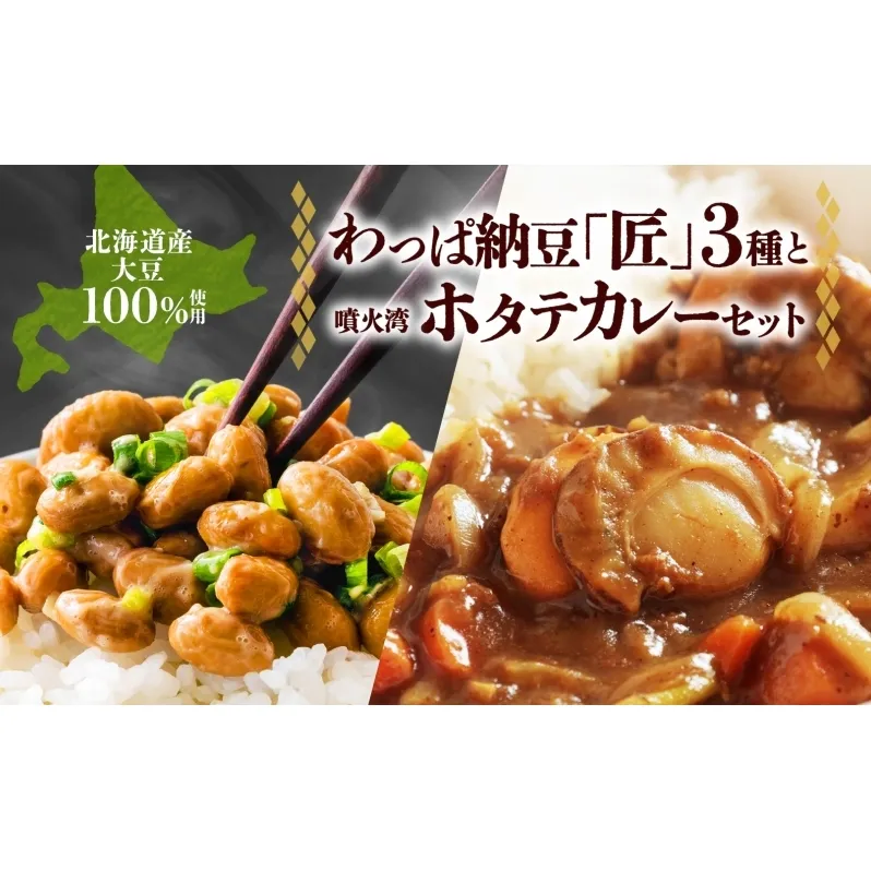 北海道 手造り 納豆 3種 帆立カレー わっぱ納豆 匠 すず丸 夢鶴の子 祝黒 大粒 小粒 黒豆 大豆 なっとう カレー ほたて ホタテ レトルト 即席 詰め合わせ 北海道産 羊蹄食品 送料無料 