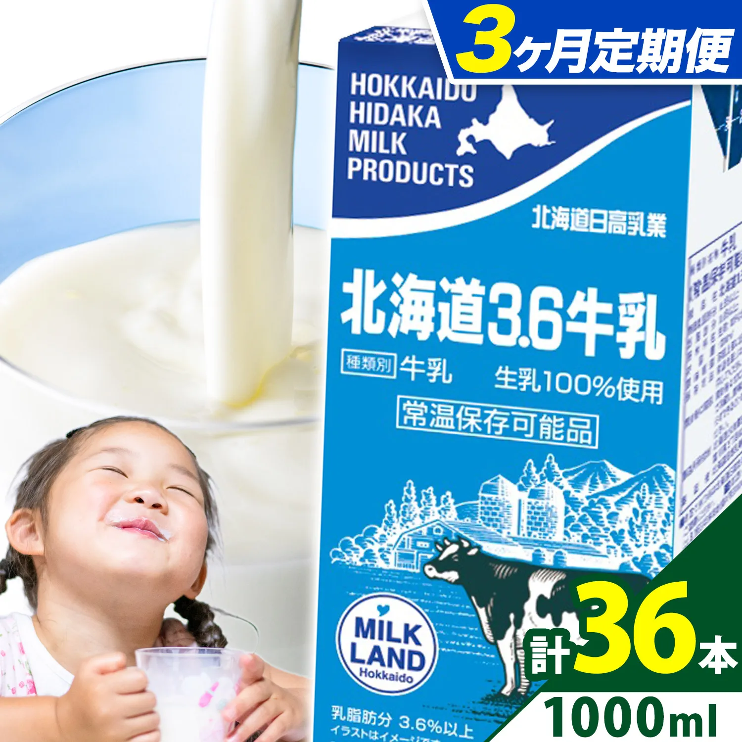 【3ヶ月定期便】ロングライフ 常温保存可能 北海道 3.6 牛乳 1000ml × 12本 日高乳業《お申込み翌月から出荷》北海道 日高町 牛乳 常温 備蓄 ストック 定期便 1L