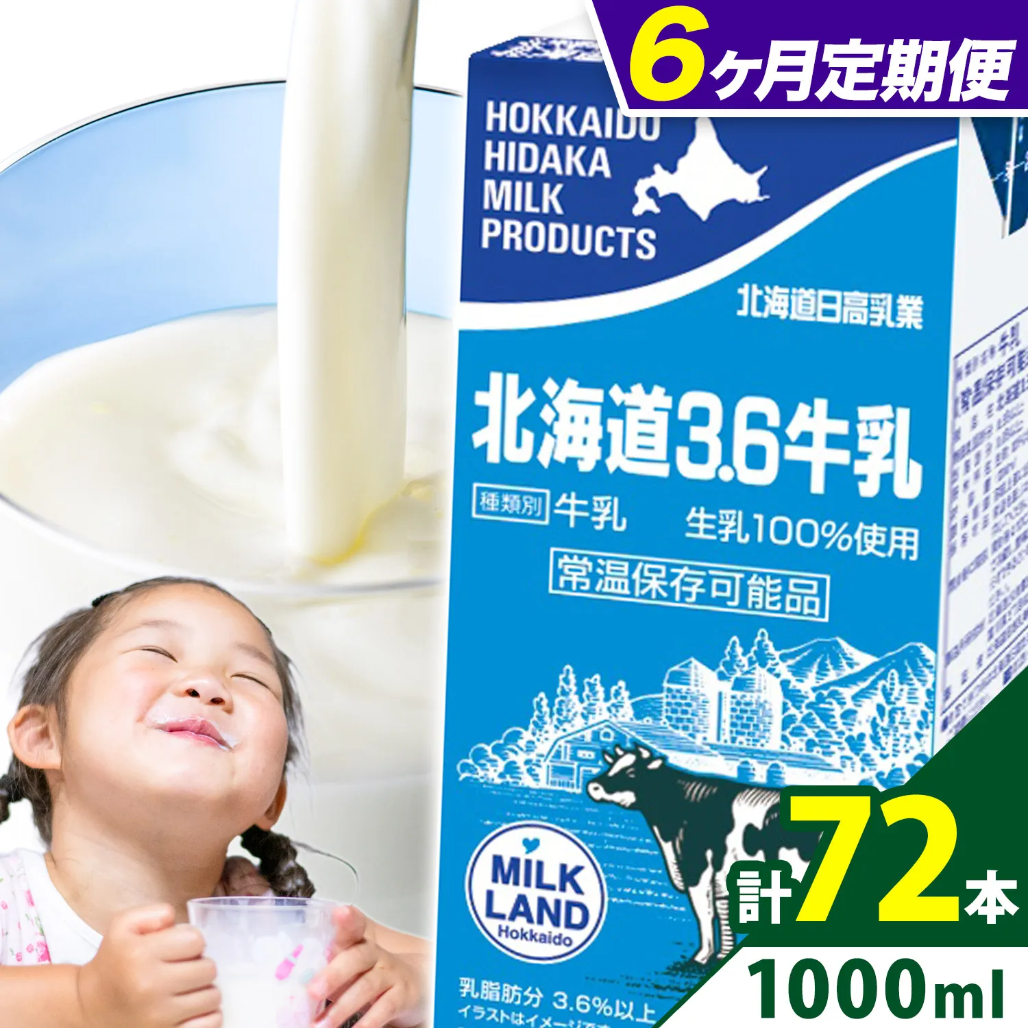 【6ヶ月定期便】ロングライフ 常温保存可能 北海道 3.6 牛乳 1000ml × 12本 日高乳業《お申込み翌月から出荷》北海道 日高町 牛乳 常温 備蓄 ストック 定期便 1L