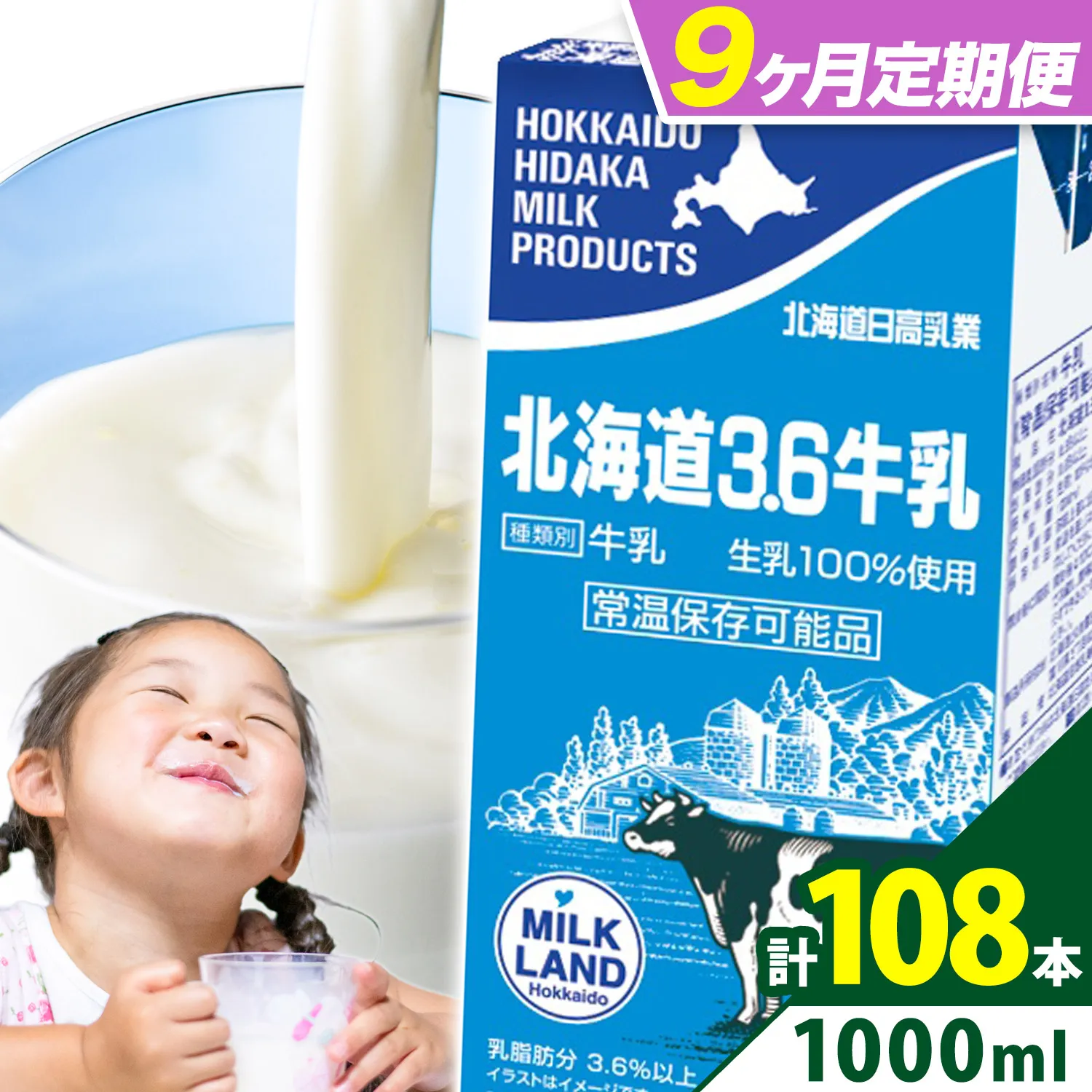 【9ヶ月定期便】ロングライフ 常温保存可能 北海道 3.6 牛乳 1000ml × 12本 日高乳業《お申込み翌月から出荷》北海道 日高町 牛乳 常温 備蓄 ストック 定期便 1L