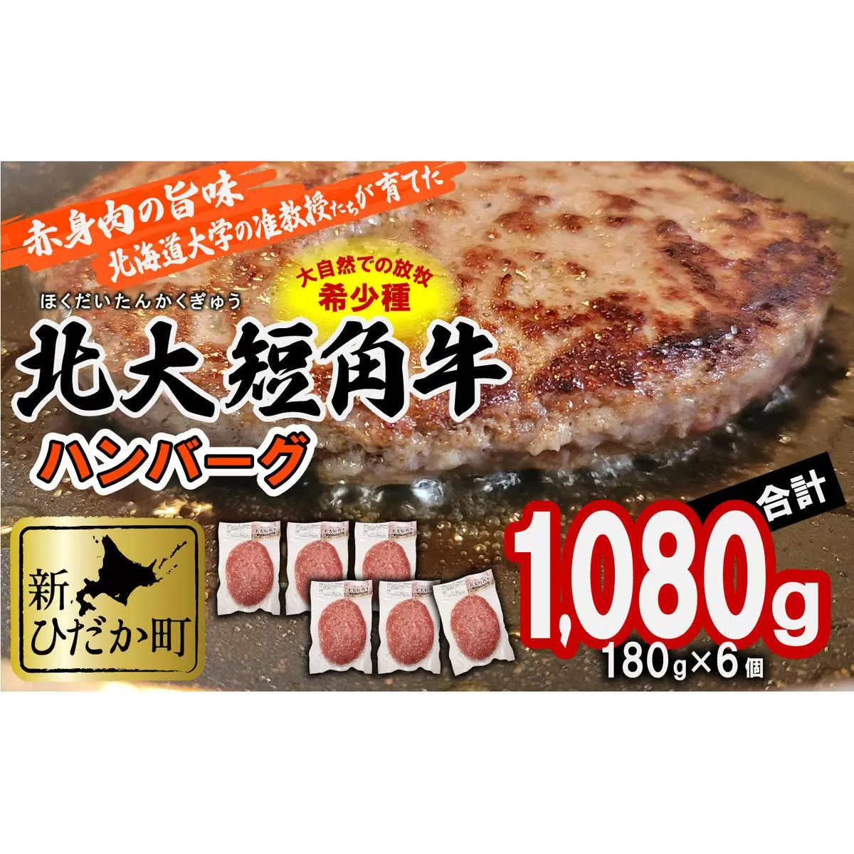 北海道産 北大 短角牛 ハンバーグ 計 1080g (180g×6枚) 