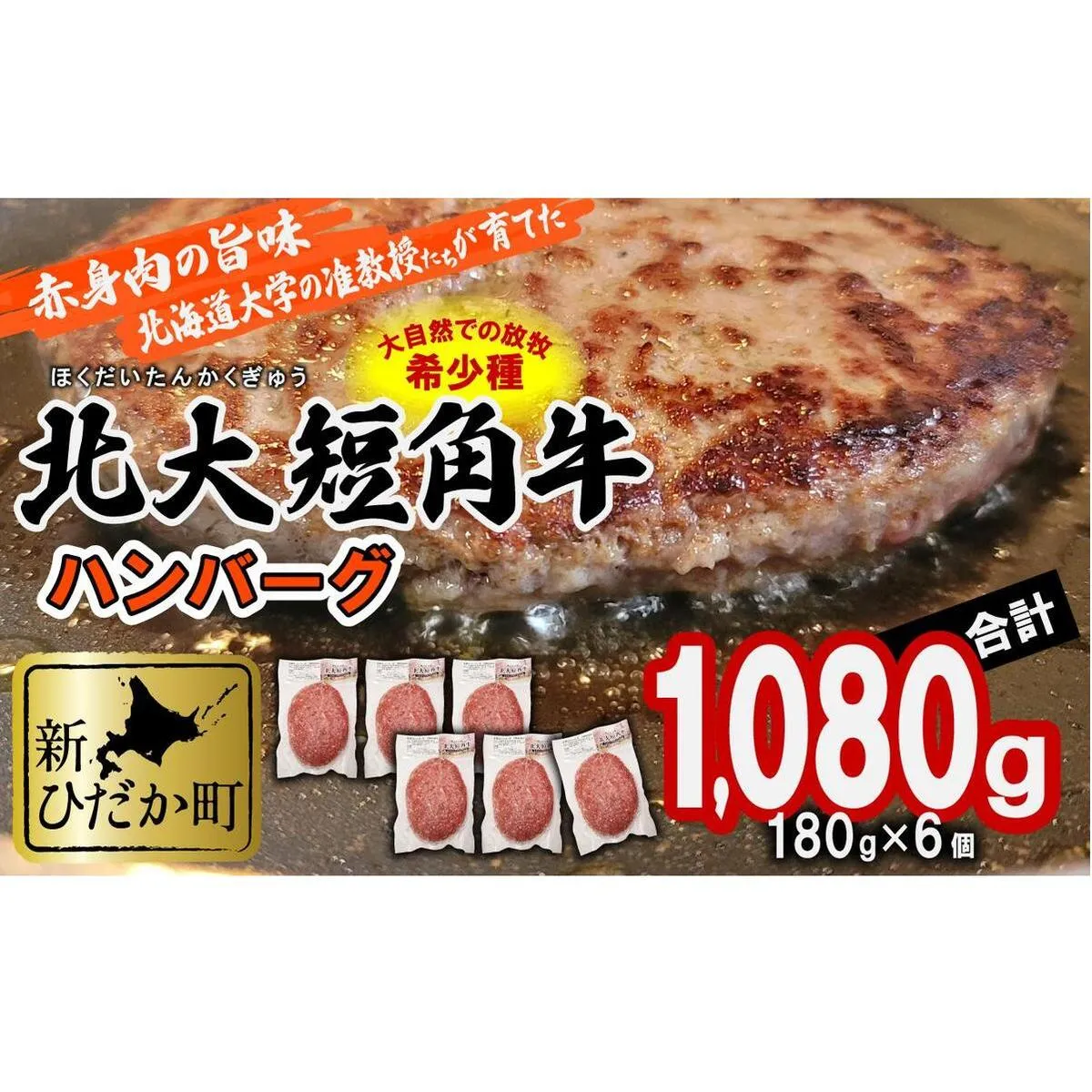北海道産 北大 短角牛 ハンバーグ 計 1080g (180g×6枚)